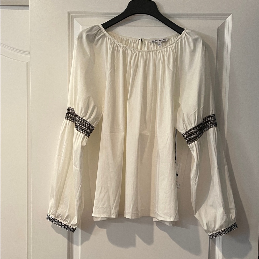 Elizabeth and James Cream Peasant Blouse with Black Contrast Trim